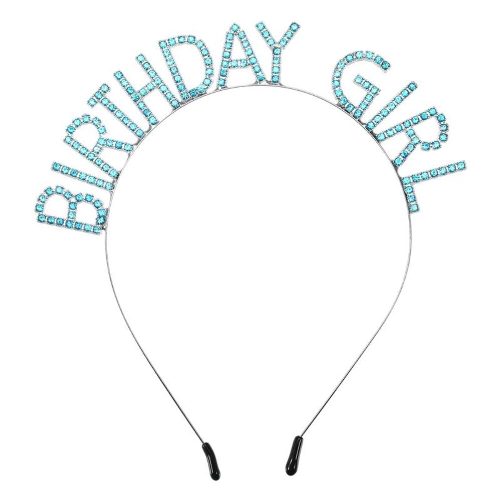 Happy Birthday Headband Tiara Rhinestone Accessories Silver Tone Blue
